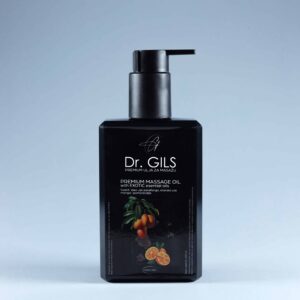 Dr. GILS Premium Massage Oil sa egzotičnim eteričnim uljima, uključujući ulje naranže, u elegantnoj bočici sa pumpicom