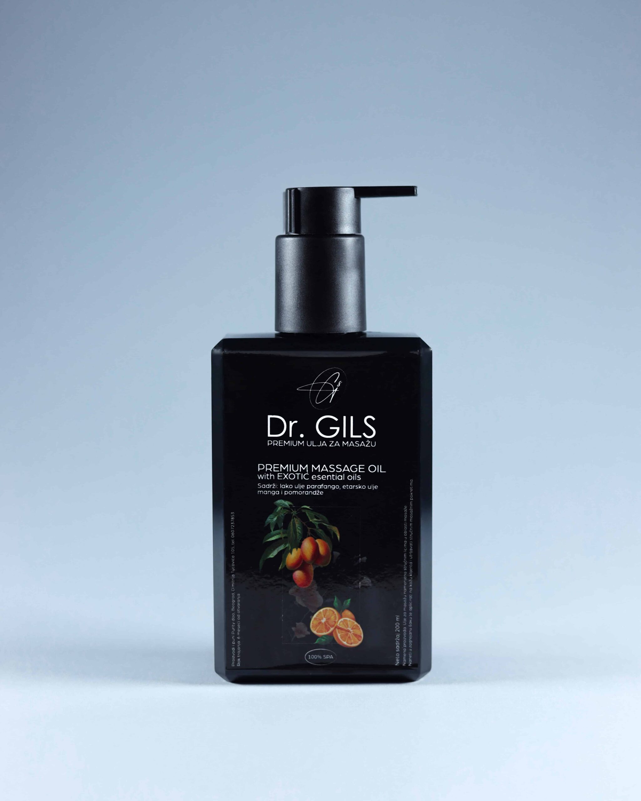 Dr. GILS Premium Massage Oil sa egzotičnim eteričnim uljima, uključujući ulje naranže, u elegantnoj bočici sa pumpicom