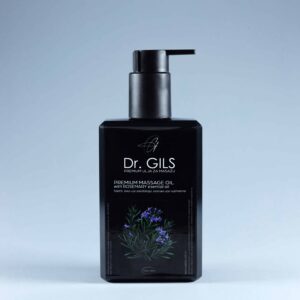 Dr. GILS Premium Massage Oil sa eteričnim uljem ruzmarina, u elegantnoj bočici sa pumpicom za masažu