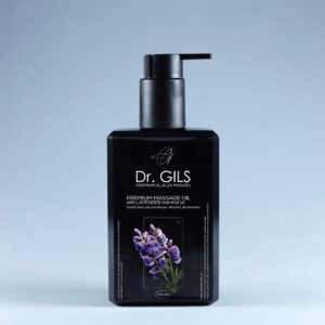 Dr. GILS Premium ulje za masažu sa etarskim uljem lavande u crnoj elegantnoj bočici sa pumpicom, prikazano na svetloplavoj pozadini