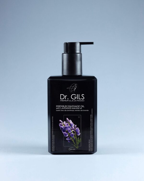 Dr. GILS Premium ulje za masažu sa etarskim uljem lavande u crnoj elegantnoj bočici sa pumpicom, prikazano na svetloplavoj pozadini
