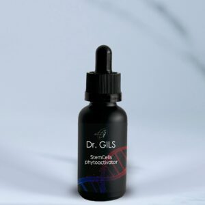 Crna bočica sa pipetom kozmetičkog seruma Dr. GILS StemCells phytoactivator, postavljena na svetloj pozadini sa stilizovanom DNK ilustracijom na etiketi
