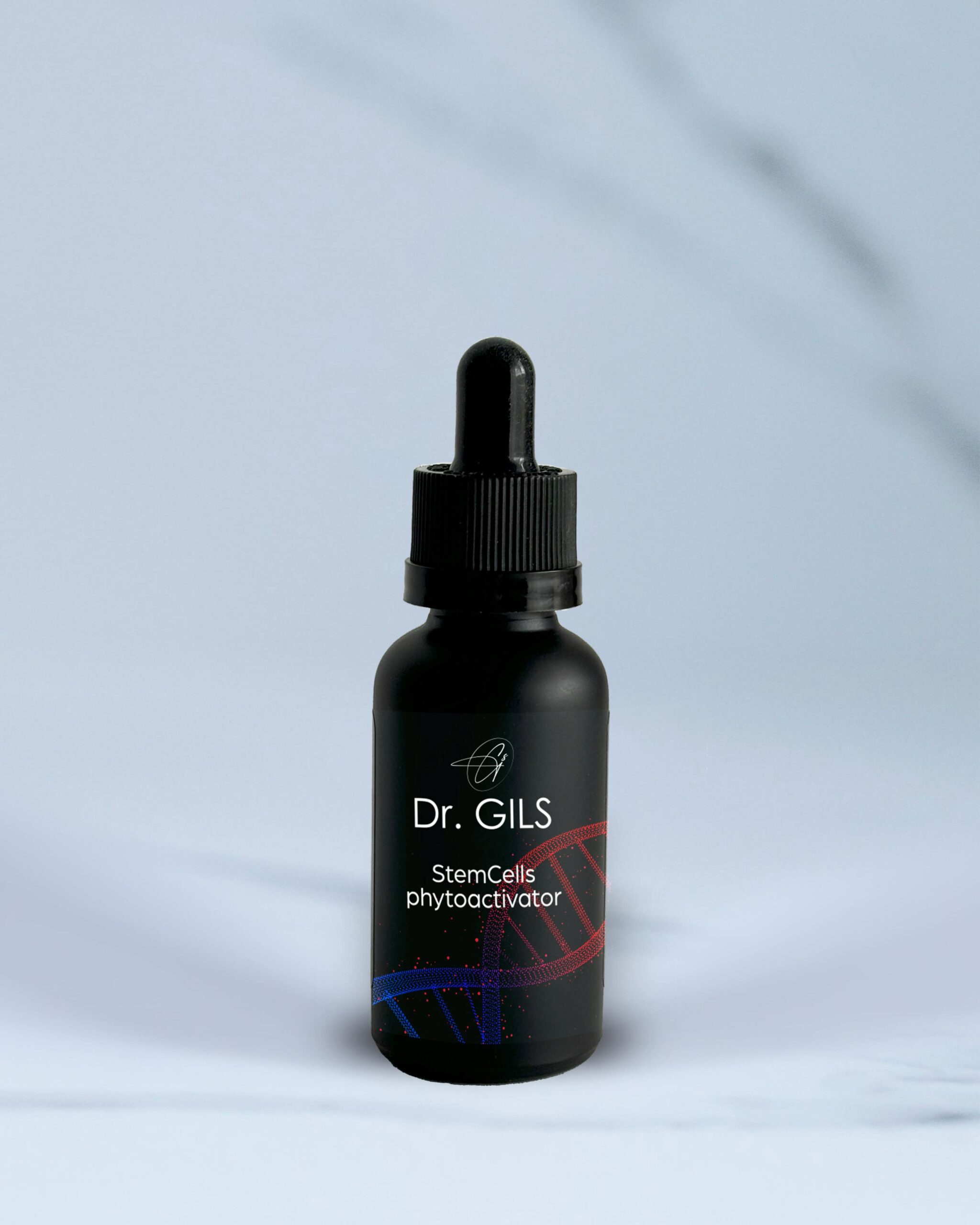 Crna bočica sa pipetom kozmetičkog seruma Dr. GILS StemCells phytoactivator, postavljena na svetloj pozadini sa stilizovanom DNK ilustracijom na etiketi
